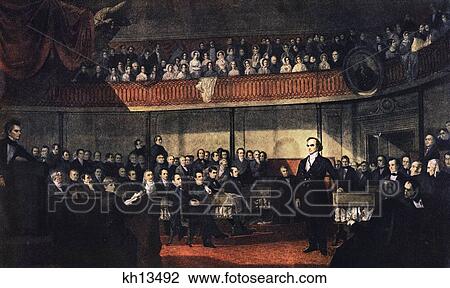Stock Image - 1800S 1830 Daniel Webster Replying To Senator Robert Hayne Delivering Great Speech On Unionism And Nationalism . Fotosearch