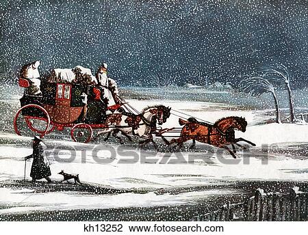 Stock Image - 1800S 1830S Winter Snow Scene The Brighton Mail Carriage On Christmas Day Horses Dog Man Walking December 25 1836 . Fotosearch