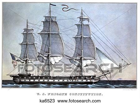 Stock Image - 1840S Uss Frigate Constitution - currier & ives ™ ™ Lithograph - 1840. Fotosearch