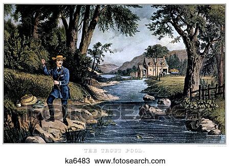 1850S The Trout Pool Fishing - currier & ives ™ ™ Lithograph - 1856 View Large Photo Image Stock Image - 1850S The Trout Pool Fishing - currier & ives ™ ™ Lithograph - 1856. Fotosearch
