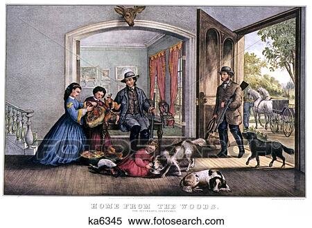 1860S Home From The Woods - Successful Sportsmen Return To Wife Family Child Dogs - currier & ives ™ ™ Lithograph - 1867 View Large Photo Image Stock Photography - 1860S Home From The Woods - Successful Sportsmen Return To Wife Family Child Dogs - currier & ives ™ ™ Lithograph - 1867. Fotosearch