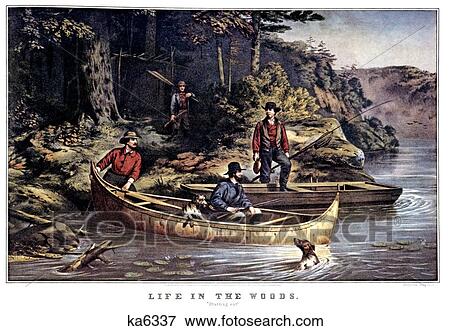 1860S Life In The Woods - Four Men Two Canoes Starting Out Hunting - currier & ives ™ ™ Lithograph - 1860 View Large Photo Image Stock Photo - 1860S Life In The Woods - Four Men Two Canoes Starting Out Hunting - currier & ives ™ ™ Lithograph - 1860. Fotosearch