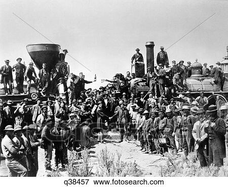 1860S May 10 1869 Promontory Point Utah Completion Transcontinental Railway Golden Spike Driven Eastern & Western Locomotives View Large Photo Image Stock Photo - 1860S May 10 1869 Promontory Point Utah Completion Transcontinental Railway Golden Spike Driven Eastern & Western Locomotives. Fotosearch