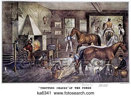 Stock Image - 1860S Trotting Cracks At The Forge - Horse Race Bettors Hanging Out Farrier Shoeing Horse - currier & ives ™ ™ Lithograph - 1869. Fotosearch