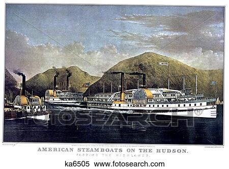 Stock Photography - 1870S American Steamboats On The Hudson - Passing The Highlands - currier & ives ™ ™ Lithograph - 1874. Fotosearch