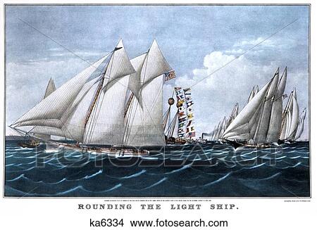 Picture - 1870S Rounding The Light Ship - Sailboat Race - currier & ives ™ ™ Lithograph - 1876. Fotosearch
