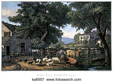 Stock Photo - 1870S The Old Homestead - Painting By F F Palmer - currier & ives ™ ™ Lithograph - 1876. Fotosearch
