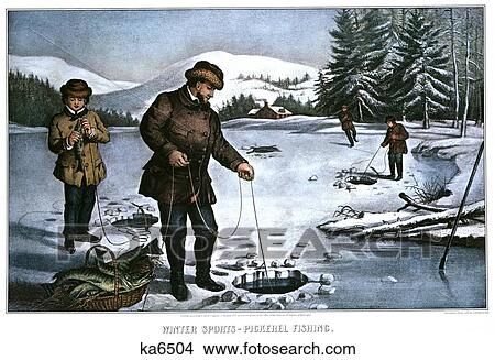 Picture - 1870S Winter Sports Pickerel Fishing - currier & ives ™ ™ Lithograph - 1872. Fotosearch