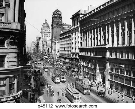 1920S Market Street From Powell Looking Toward The Ferry Building Track For 4 Cable Cars San Francisco California Usa View Large Photo Image Stock Image - 1920S Market Street From Powell Looking Toward The Ferry Building Track For 4 Cable Cars San Francisco California Usa. Fotosearch