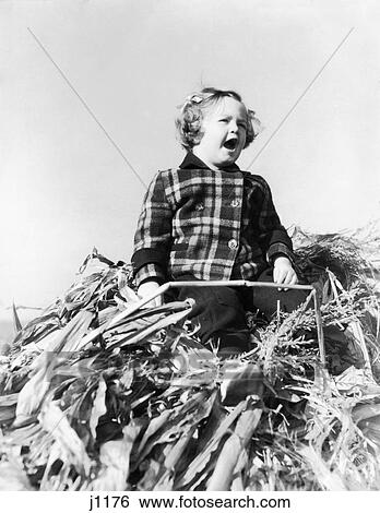 1930S 1940S Shouting Girl Sitting Atop Pile Harvested Corn Stalks Wearing Plaid Wool Autumn Fall Season Jacket View Large Photo Image Stock Photograph - 1930S 1940S Shouting Girl Sitting Atop Pile Harvested Corn Stalks Wearing Plaid Wool Autumn Fall Season Jacket. Fotosearch