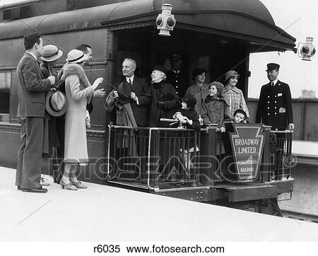 Stock Photography - 1930S Parents Waving Good-By To Family Members Grandparents & Conductor On Rear Platform Broadway Limited Pennsylvania Railroad. Fotosearch