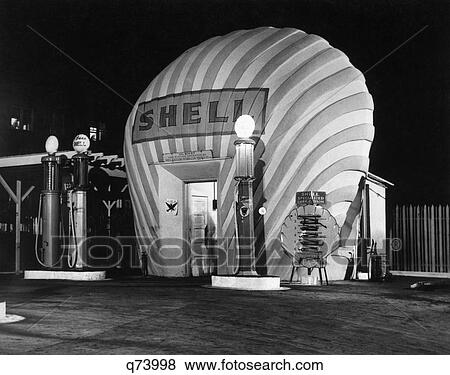 1930S Shell Gas Station At Night View Large Photo Image Stock Photo - 1930S Shell Gas Station At Night. Fotosearch