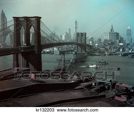Stock Image - 1940S Brooklyn Bridge And Skyline Downtown Manhattan New York City Usa. Fotosearch