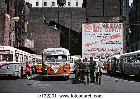 Stock Image - 1940S Buses And Passengers Times Square Terminal Of Public Service And All American Bus Lines Manhattan . Fotosearch