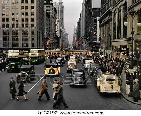 1940S Pedestrians Cars Taxis Buses Trolley Traffic Fifth Avenue Looking North From Just Below 42Nd Street Manhattan New York Usa View Large Photo Image Stock Photo - 1940S Pedestrians Cars Taxis Buses Trolley Traffic Fifth Avenue Looking North From Just Below 42Nd Street Manhattan New York Usa. Fotosearch