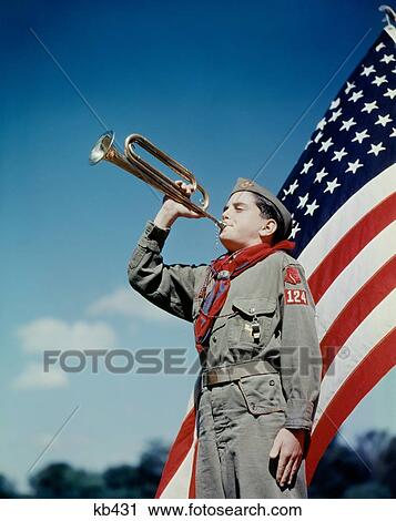 1950S Boy Scout Blowing Bugle In Front Of 48 Star American Flag View Large Photo Image Stock Image - 1950S Boy Scout Blowing Bugle In Front Of 48 Star American Flag . Fotosearch