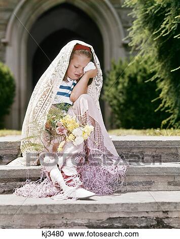 1960S Little Girl Dressed As Bride Sitting On Church Steps Crying Jilted View Large Photo Image Stock Image - 1960S Little Girl Dressed As Bride Sitting On Church Steps Crying Jilted. Fotosearch