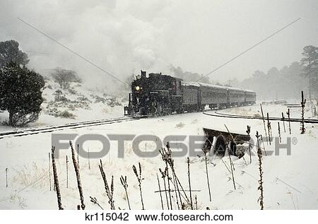 Stock Image - Grand Canyon Steam Train In Winter Arizona Usa. Fotosearch