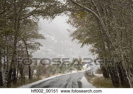 Stock Image - Snow Falling On Wet Country Mountain Road. Fotosearch