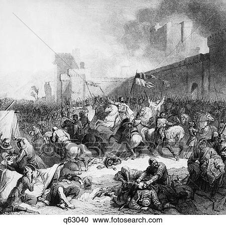 Stock Image - 1100s 1187 MEDIEVAL CRUSADERS IN BATTLE WITH MUSLIMS WALLS OF JERUSALEM. Fotosearch