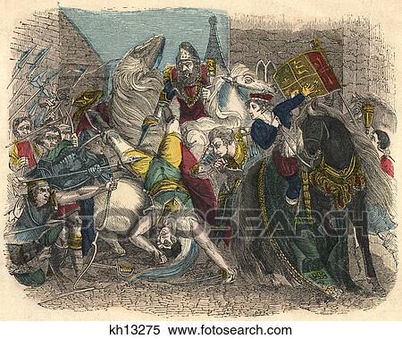 Stock Photography - 1300s 1381 DEATH OF WAT TYLER LEADER OF ENGLISH PEASANT REVOLT WHILE TALKING TO RICHARD II STABBED BY LORD MAYOR LONDON. Fotosearch