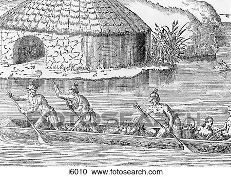 Stock Image - 1500s 1600s ENGRAVING DEPICTING EARLY NATIVE AMERICAN INDIAN LIFE MEN PADDLING DUGOUT CANOE ON RIVER BY VILLAGE IN FLORIDA. Fotosearch