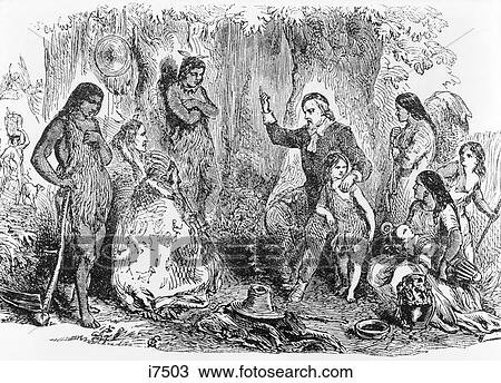 Stock Image - 1600s ENGRAVING OF JOHN ELIOT PREACHING TO THE INDIANS OF MASSACHUSETTS KNOWN AS THE APOSTLE TO THE INDIANS. Fotosearch