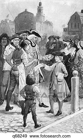 Stock Photo - 1700s 1710s BENJAMIN FRANKLIN AS A BOY SELLING NEWSPAPERS ON BOSTON STREETS. Fotosearch