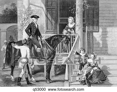 1700s 1760s GEORGE WASHINGTON ON HORSE WITH FAMILY MARTHA TWO GRANDCHILDREN AND SERVANT AT PORCH STEPS OF MOUNT VERNON VIRGINIA View Large Photo Image Stock Image - 1700s 1760s GEORGE WASHINGTON ON HORSE WITH FAMILY MARTHA TWO GRANDCHILDREN AND SERVANT AT PORCH STEPS OF MOUNT VERNON VIRGINIA. Fotosearch