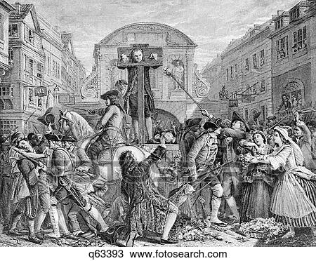 Stock Image - 1703 DANIEL DEFOE AUTHOR OF ROBINSON CRUSOE POLITICAL SATIRE SUFFERING PUNISHMENT IN PILLORY BY ANGRY CROWD LONDON ENGLAND. Fotosearch