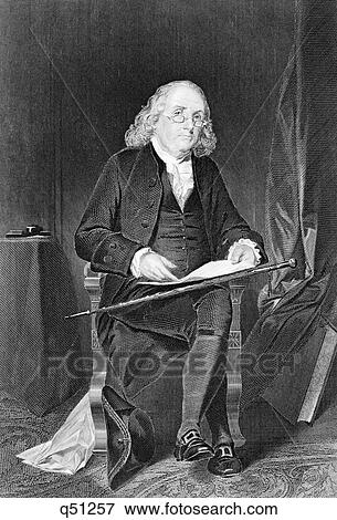 Stock Photo - 1770s ILLUSTRATION FULL LENGTH PORTRAIT OF BENJAMIN FRANKLIN SITTING IN CHAIR LOOKING AT CAMERA. Fotosearch