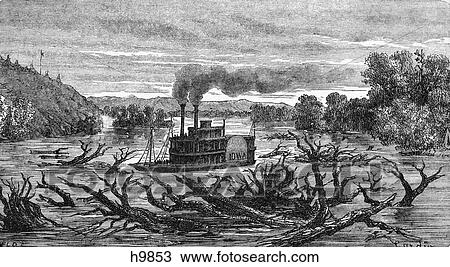 1800s 1860s RIVERBOAT IN TREACHEROUS WATERS CLOGGED WITH FALLEN TREES View Large Photo Image Stock Image - 1800s 1860s RIVERBOAT IN TREACHEROUS WATERS CLOGGED WITH FALLEN TREES. Fotosearch