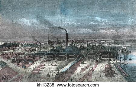Stock Photo - 1800s 1870-1880 ENGRAVING OVERVIEW OF CITY DETROIT MICHIGAN USA. Fotosearch
