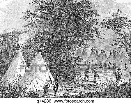 Stock Photograph - 1800S 1870S 1880S Tepees Of Sioux Indian Village In The Late 19Th Century Engraving . Fotosearch