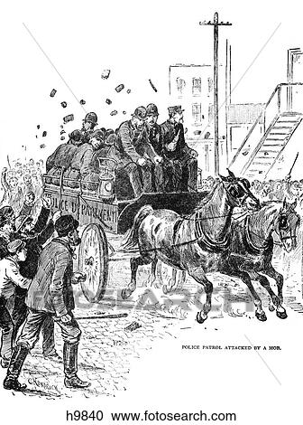 1800s 1870s POLICE PATROL HORSE WAGON BEING ATTACKED BY ANGRY MOB SHAKING FISTS THROWING BRICKS View Large Photo Image Stock Image - 1800s 1870s POLICE PATROL HORSE WAGON BEING ATTACKED BY ANGRY MOB SHAKING FISTS THROWING BRICKS. Fotosearch