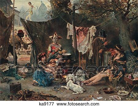 Stock Photo - 1800s 1880s PAINTING BY GERMAN LUDWIG KNAUS BEHIND THE SCENES SHOWS TRAVELING CIRCUS FAMILY SORDID LIFESTYLE COLOR HALFTONE. Fotosearch