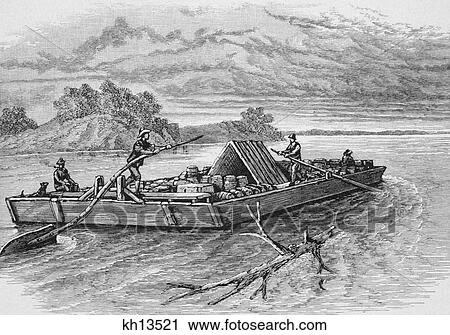 Stock Image - 1800s FLATBOAT CARRYING BARRELS OF CARGO AND GOODS GOING DOWN MISSISSIPPI RIVER USA. Fotosearch