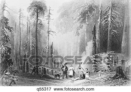 1840S 1850S Engraving W. H. Barlett'S Painting First Settlement Of Frontier Pioneers Log Cabin Family Animals Clearing In Forest View Large Photo Image Stock Photo - 1840S 1850S Engraving W. H. Barlett'S Painting First Settlement Of Frontier Pioneers Log Cabin Family Animals Clearing In Forest. Fotosearch