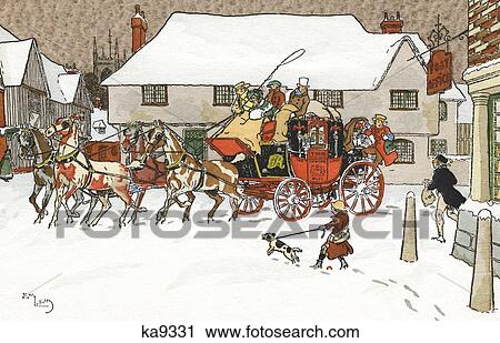 Stock Image - 1850S Illustration Victorian Coaching Scene Carriage In Winter Village Street Scene By Harry Elliot Aka Charles E. Hermet. Fotosearch