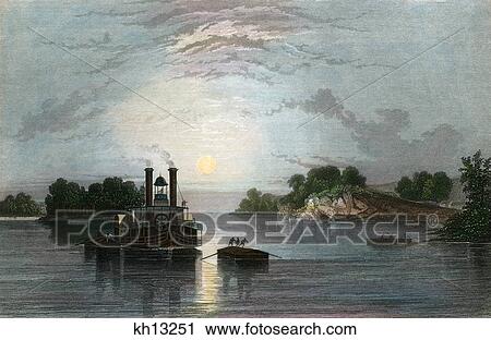 Stock Image - 1854 BARGE AND SMALL STEAMBOAT AT NIGHT ON OHIO RIVER USA. Fotosearch