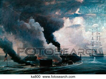 Stock Image - 1860S 1800S Civil War Battle Monitor & Merrimack Hampton Roads March 9 1862 Painting By Thomas C. Skinner . Fotosearch