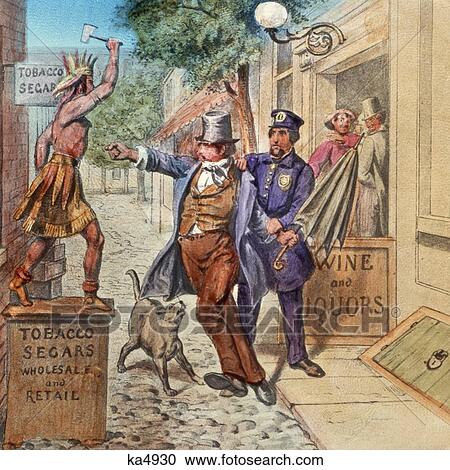 Stock Image - 1860S 1870S Temperance Movement Lantern Slide The Drunkard'S Career Scene 5 Rum Instead Of Reason. Fotosearch