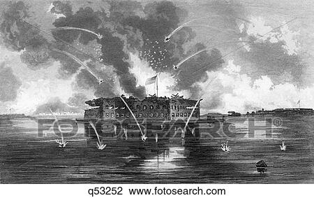 Stock Image - 1860S April 1861 Bombardment Of Fort Sumter Charleston South Carolina Usa Enraving By Perine. Fotosearch