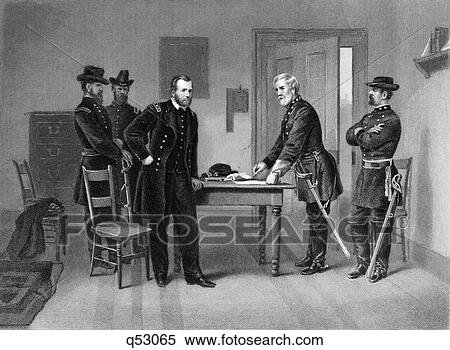 1860S April 1865 General Robert E Lee Surrenders To Ulysses S Grant Ending American Civil War At Appomattox Court House Va Usa View Large Photo Image Stock Photography - 1860S April 1865 General Robert E Lee Surrenders To Ulysses S Grant Ending American Civil War At Appomattox Court House Va Usa. Fotosearch