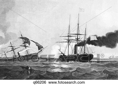 Stock Photograph - 1860S June 19 1864 Css Alabama Sinking After Defeat By Union Ship The Uss Kearsarge Survivor In Foreground Cherbourg France. Fotosearch
