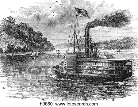Stock Image - 1860s STEAM PADDLEWHEEL BOAT ON THE POTOMAC RIVER USA. Fotosearch