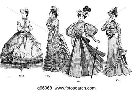 Stock Photo - 1864 1870 1880 1900 LATE VICTORIAN AND TURN OF THE 20TH CENTURY CLOTHING FASHIONS FOR WOMEN HOOP SKIRTS WASP WAISTS BUSTLES. Fotosearch