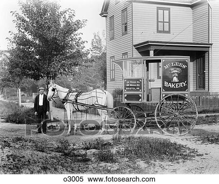 1890S 1900S Man Driver Standing By Horse Drawn Carriage Bakery Delivery Cart View Large Photo Image Stock Photography - 1890S 1900S Man Driver Standing By Horse Drawn Carriage Bakery Delivery Cart . Fotosearch