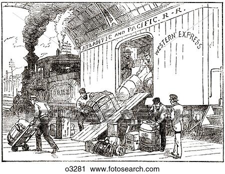 Stock Image - 1890s ILLUSTRATION CARGO TRUNKS SUITCASES BEING UNLOADED FROM BAGGAGE CAR WESTERN EXPRESS TRAIN ATLANTIC & PACIFIC RAILROAD. Fotosearch