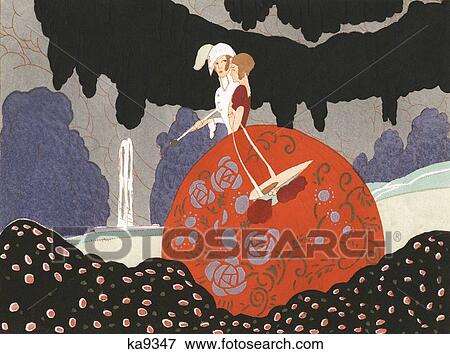 1920S Art Deco Illustration Couple Woman Wearing Red Balloon Shaped Gown Costume Walking In Garden View Large Photo Image Stock Photo - 1920S Art Deco Illustration Couple Woman Wearing Red Balloon Shaped Gown Costume Walking In Garden. Fotosearch